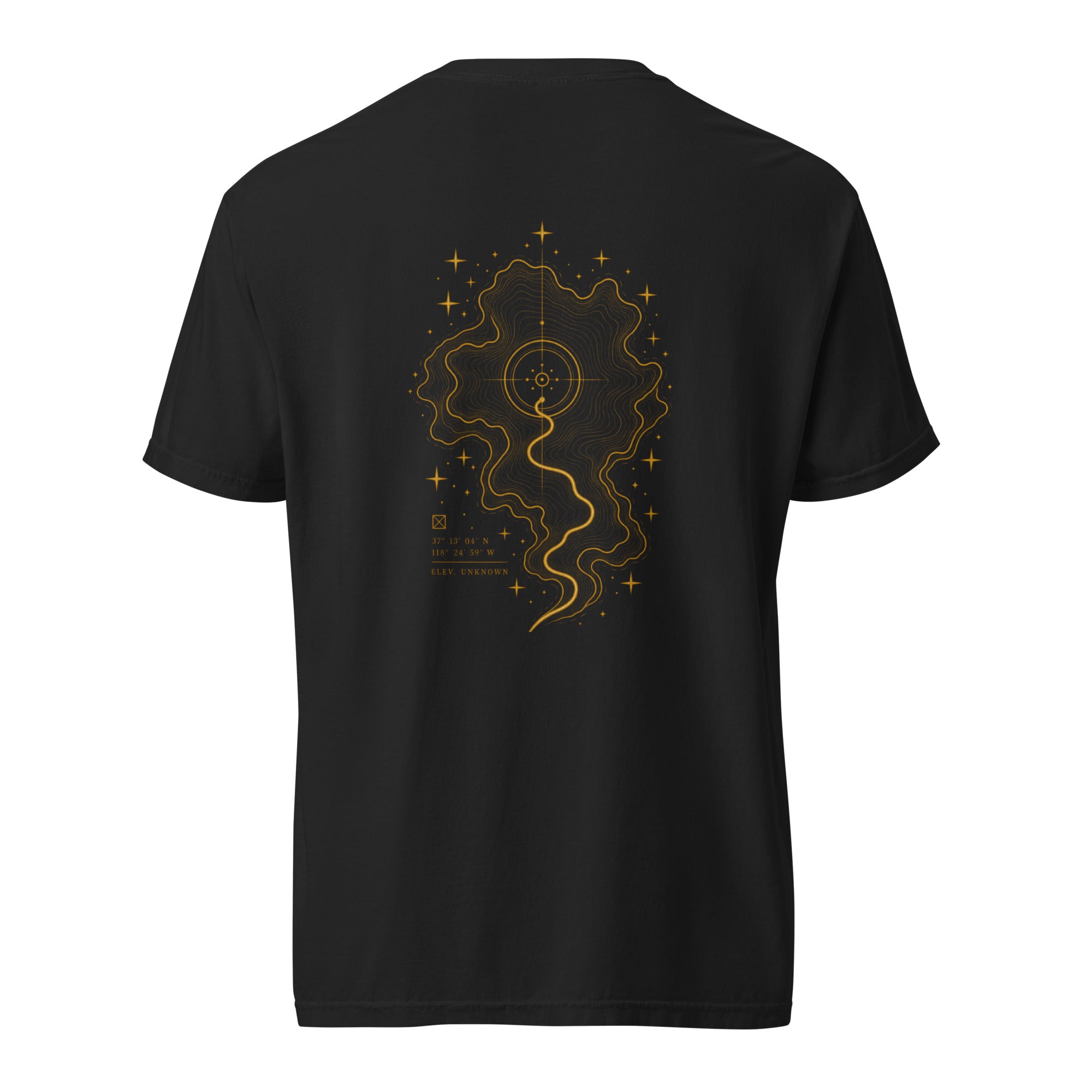 Back of The Inner Map Tee by EVAREN with gold topographic artwork and winding path graphic