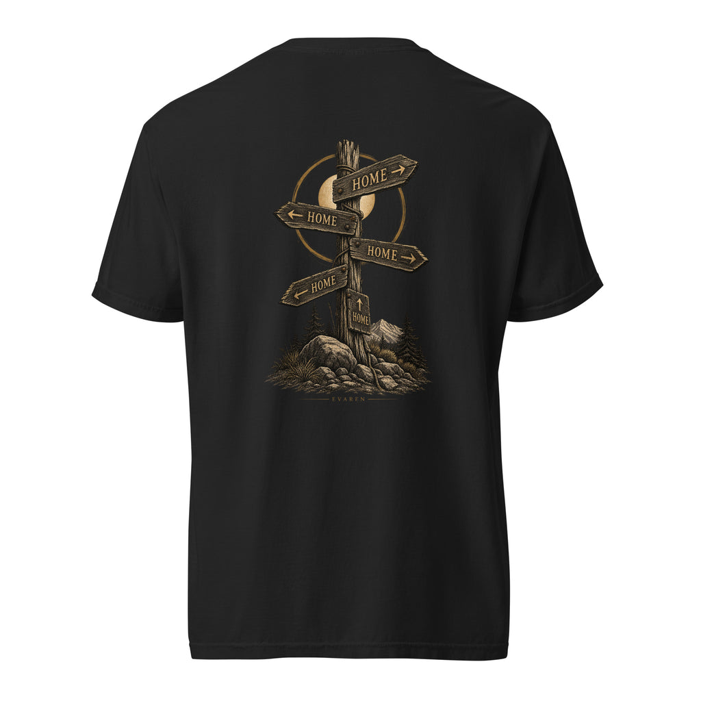 Back of The Way Home Tee by EVAREN in black with weathered HOME signpost artwork in muted gold and earth tones.