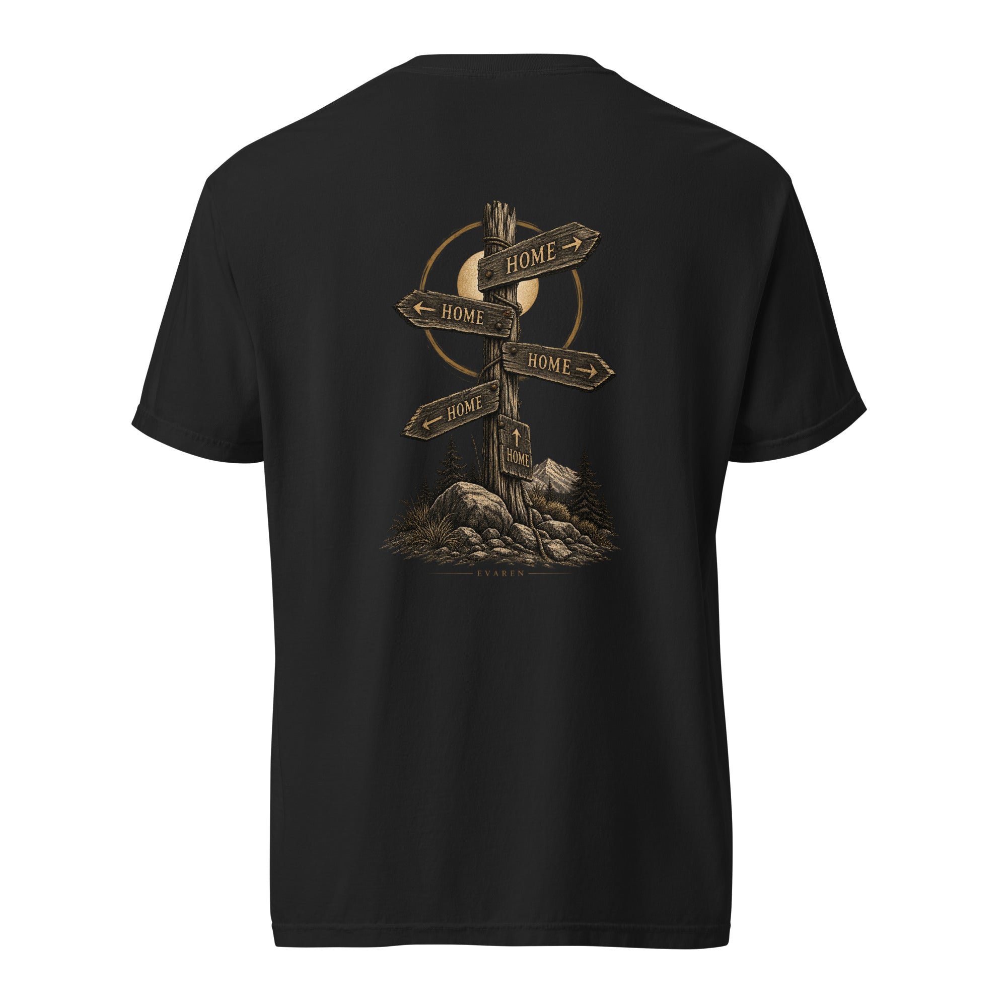 Back of The Way Home Tee by EVAREN in black with weathered HOME signpost artwork in muted gold and earth tones.