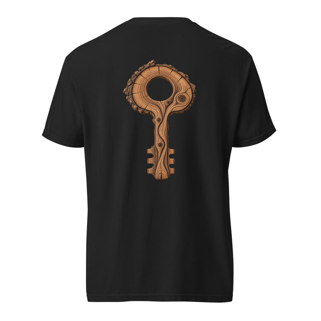 Back of The Key Within Tee in black with EVAREN wood-grain key artwork featuring growth rings, knots, and bark details.