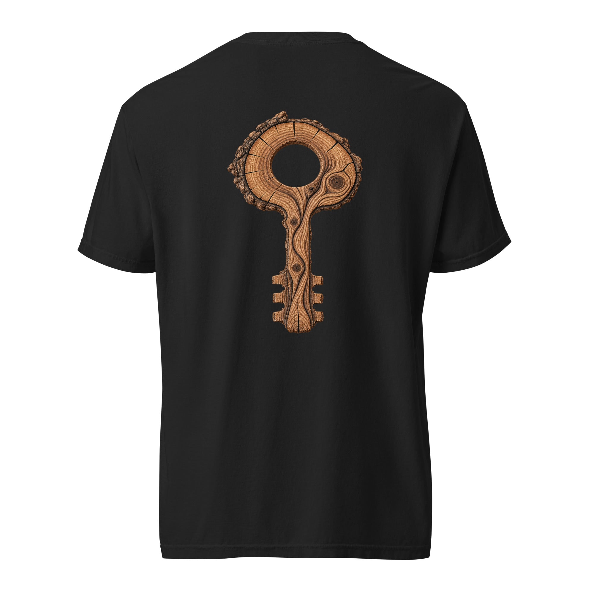Back of The Key Within Tee in black with EVAREN wood-grain key artwork featuring growth rings, knots, and bark details.