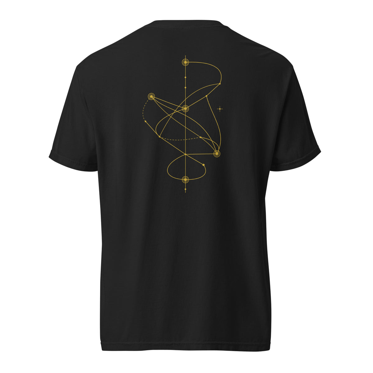 Back of The Nonlinear Tee in black with a gold abstract nonlinear path graphic.