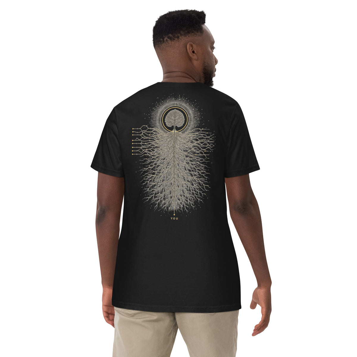 Model wearing the black EVAREN Control Room Tee, showing the scale and placement of the back graphic.