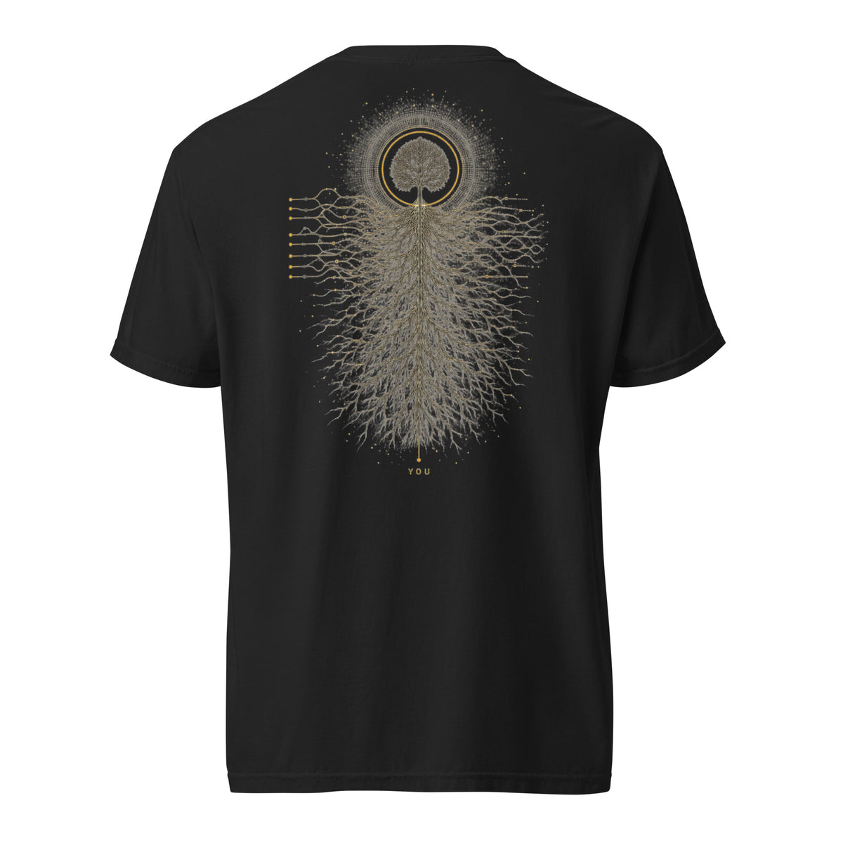 Back of the black EVAREN Control Room Tee featuring tree, root system, and signal-path artwork in ash and gold.