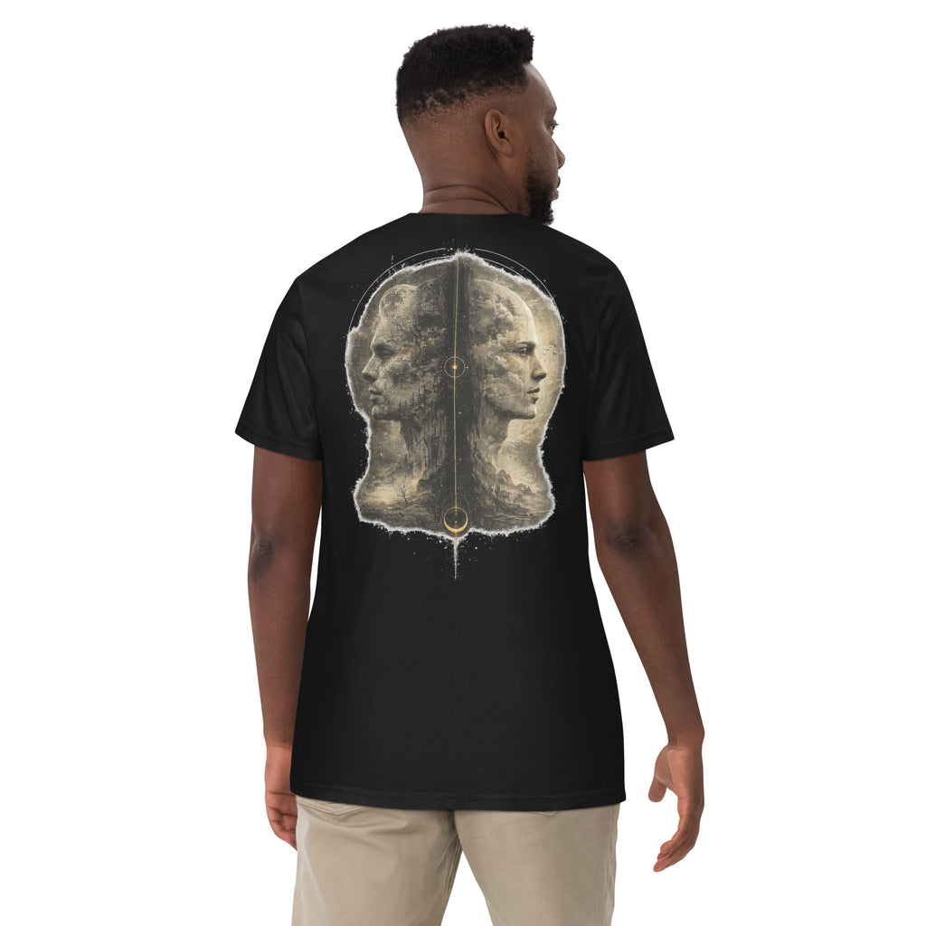 Man wearing The Parallax Tee in black, showing the dual-profile graphic across the back.
