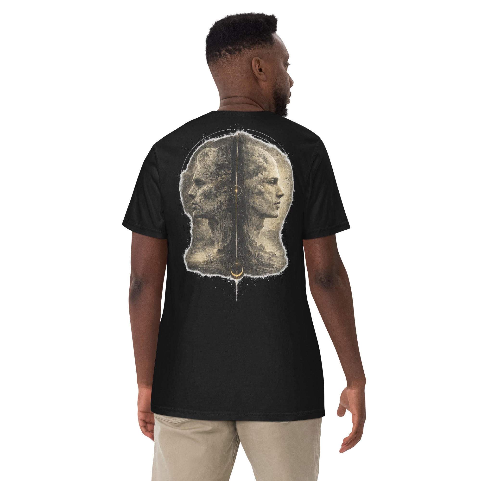 Man wearing The Parallax Tee in black, showing the dual-profile graphic across the back.