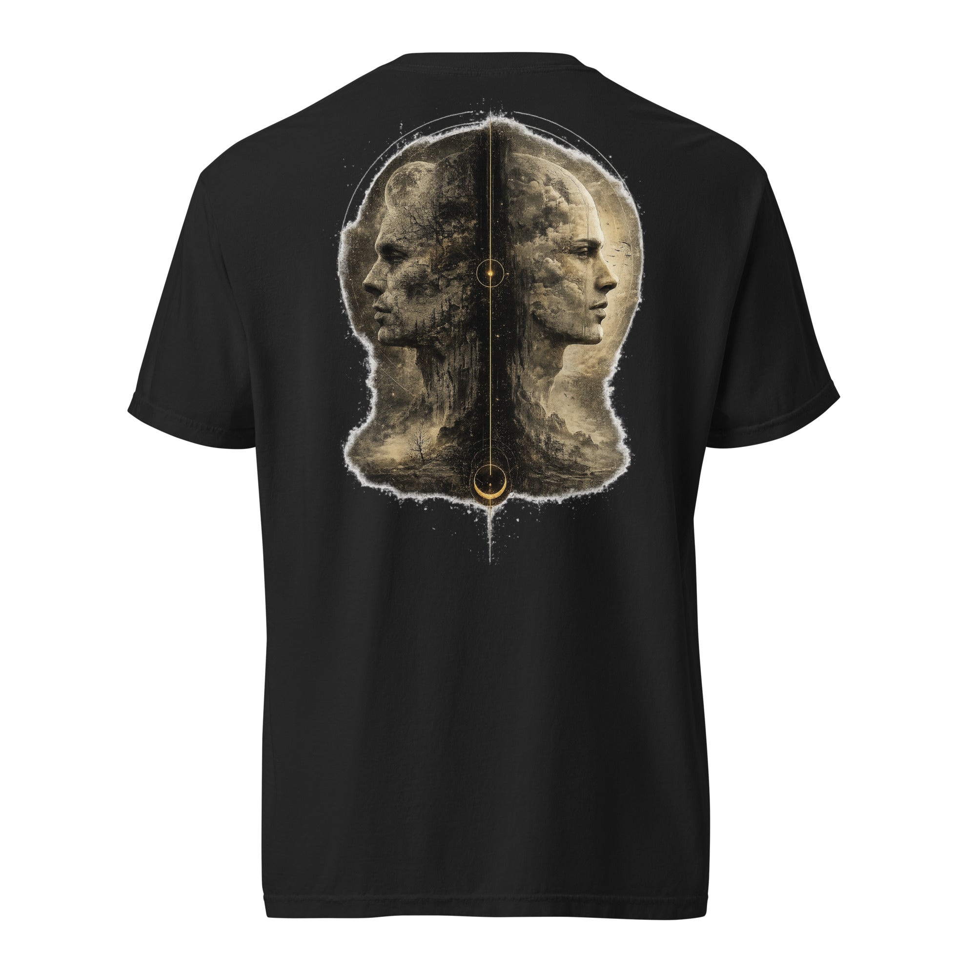 Back view of The Parallax Tee in black with dual opposing profiles and central gold axis graphic.
