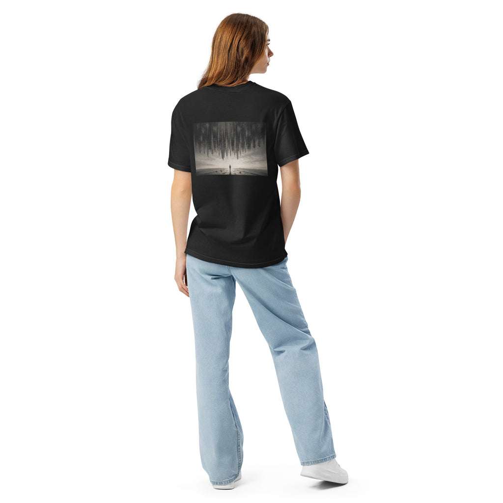 Woman wearing The Heavy Air Tee in black, showing the inverted city graphic across the back