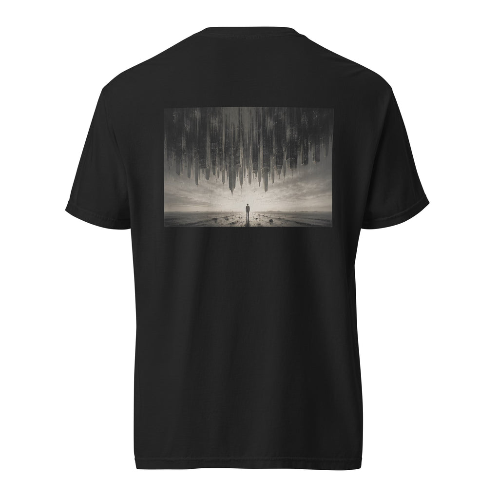 Back view of The Heavy Air Tee in black with inverted city and lone figure graphic