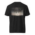 Back view of The Heavy Air Tee in black with inverted city and lone figure graphic