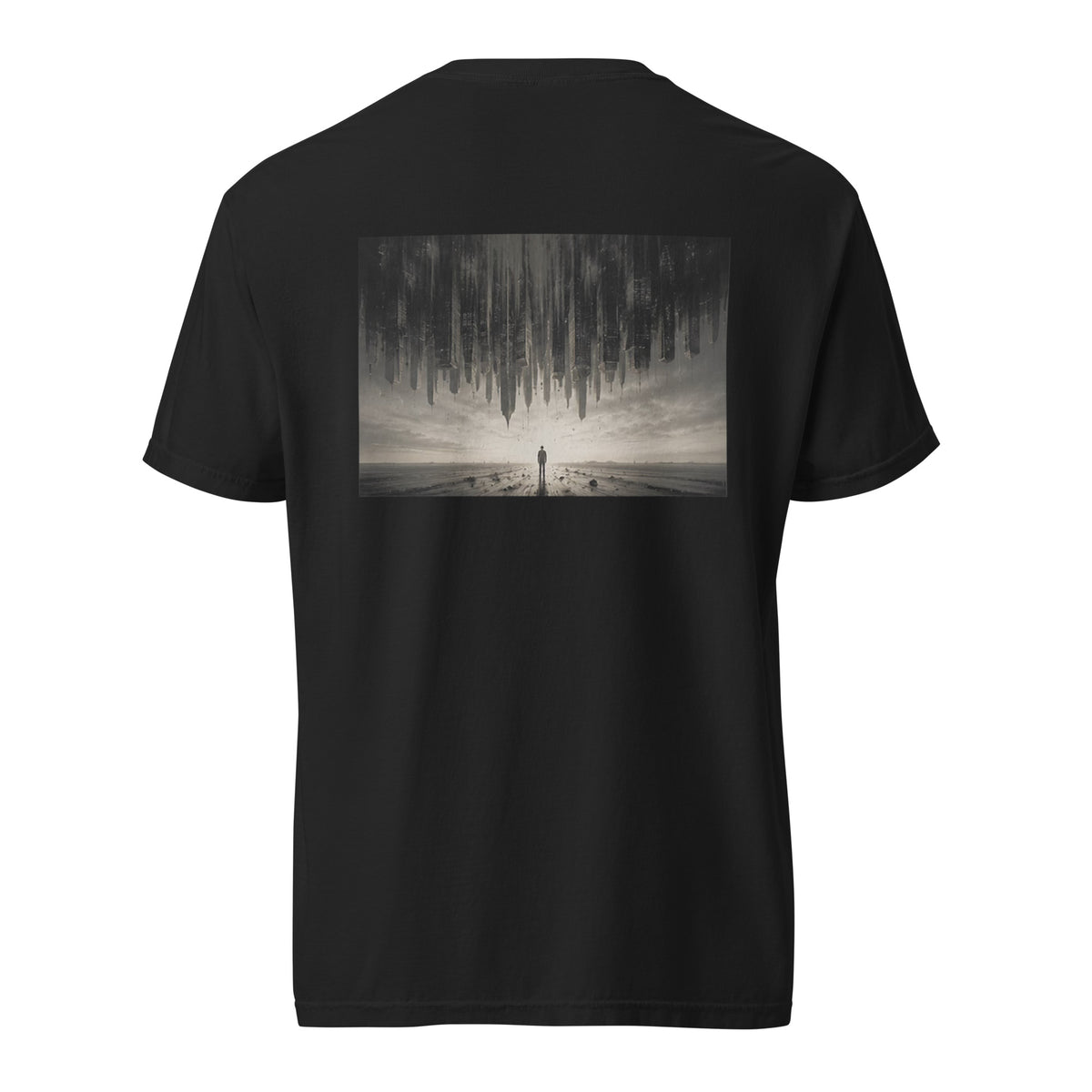 Back view of The Heavy Air Tee in black with inverted city and lone figure graphic
