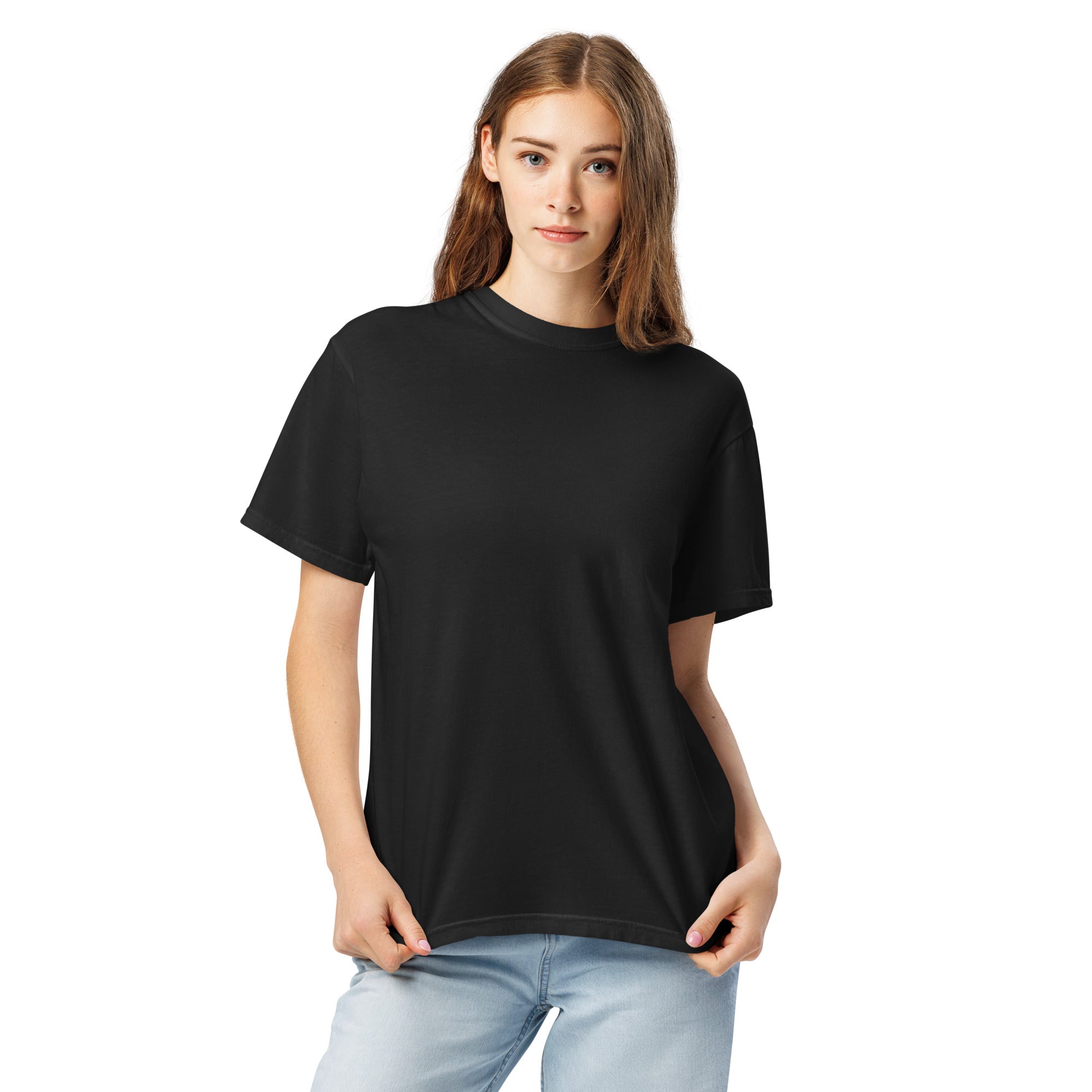 Model wearing the black Nonlinear Tee, showing the intentionally blank front and relaxed unisex fit.