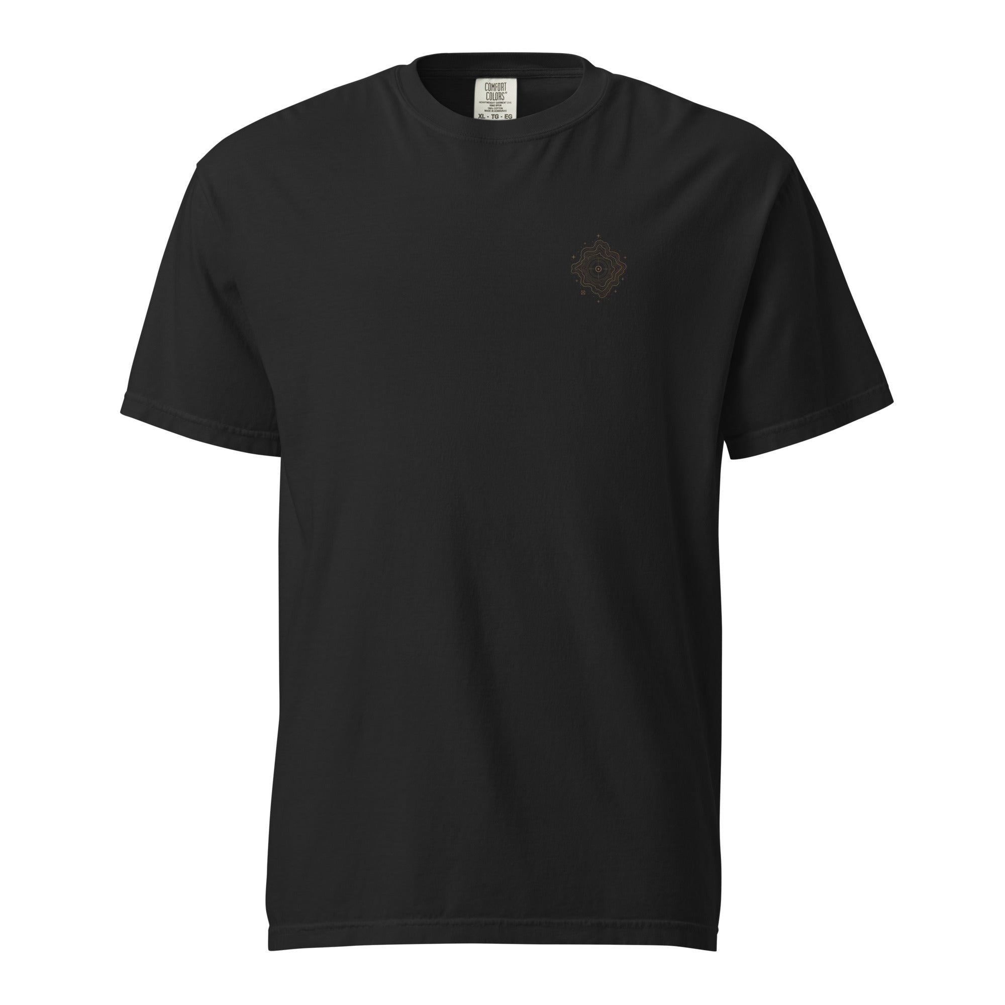The Inner Map Tee by EVAREN in black with subtle gold topographic emblem on the left chest