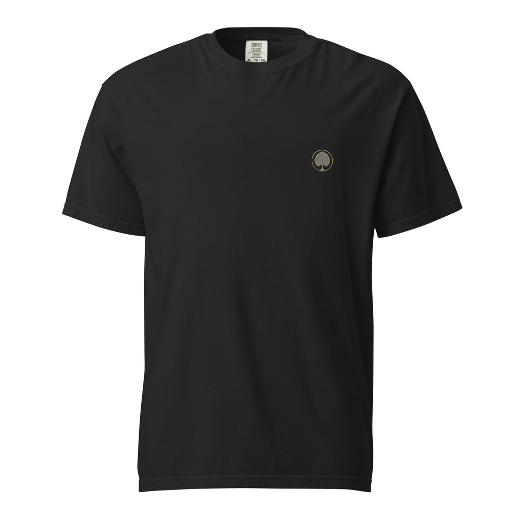 Front of the black EVAREN Control Room Tee with a small circular tree emblem on the left chest.