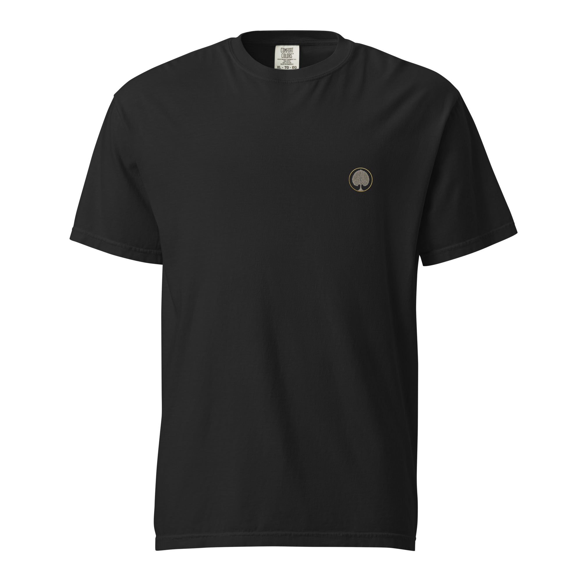 Front of the black EVAREN Control Room Tee with a small circular tree emblem on the left chest.