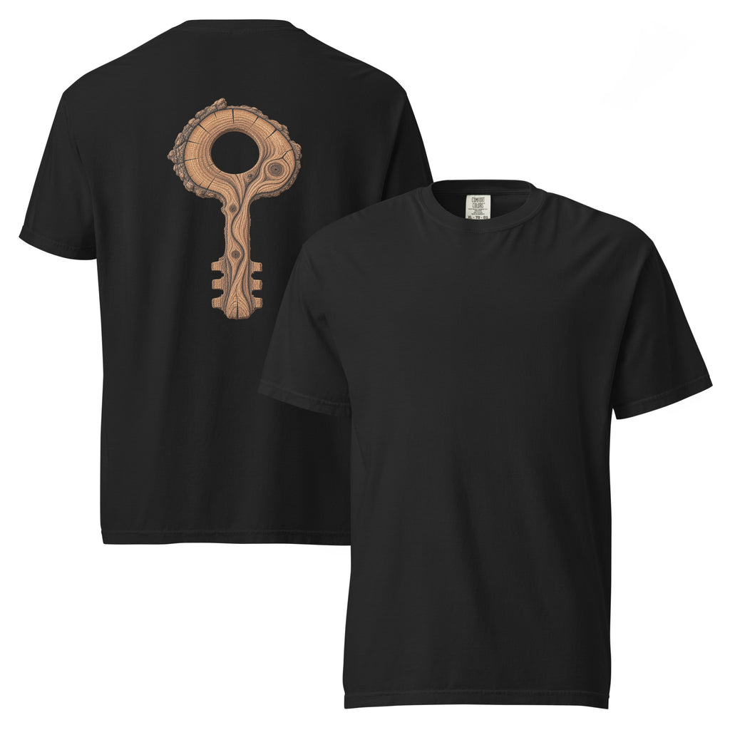 Front and back views of The Key Within Tee in black, with a blank front and EVAREN wood-grain key graphic on the back.