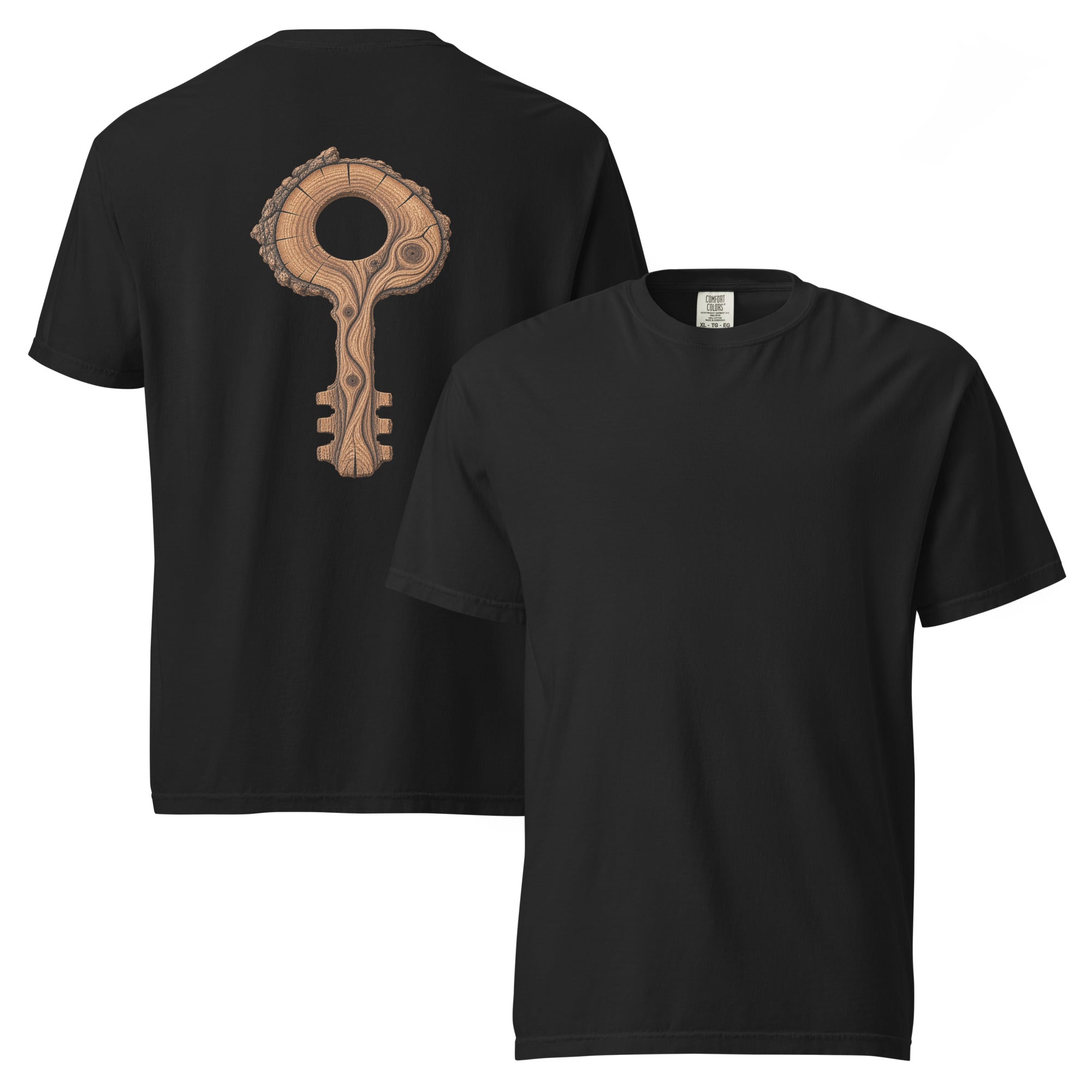 Front and back views of The Key Within Tee in black, with a blank front and EVAREN wood-grain key graphic on the back.