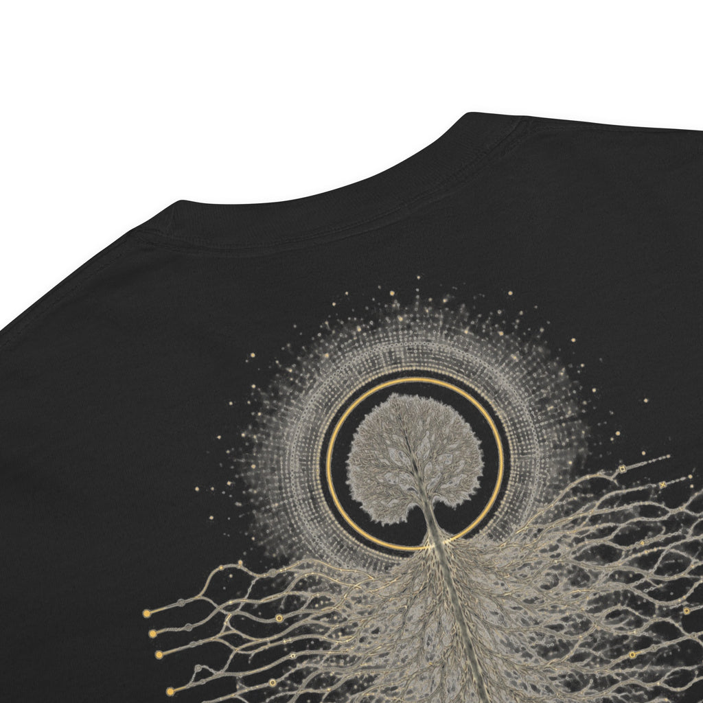 Close-up of the Control Room Tee back artwork showing the tree, circular gold detail, roots, and branching signal paths.