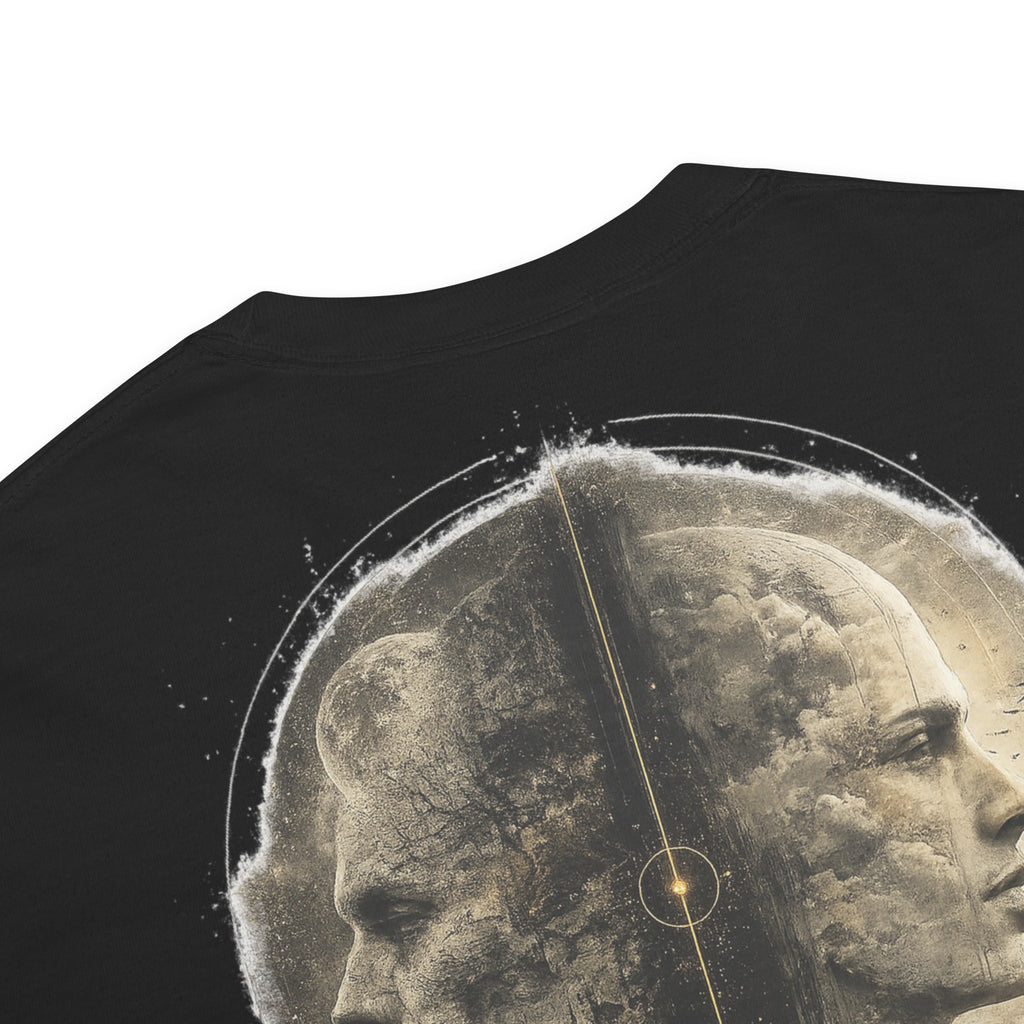 Close-up of The Parallax Tee back graphic with opposing profiles, landscape textures, distressed edges, and gold axis detail.