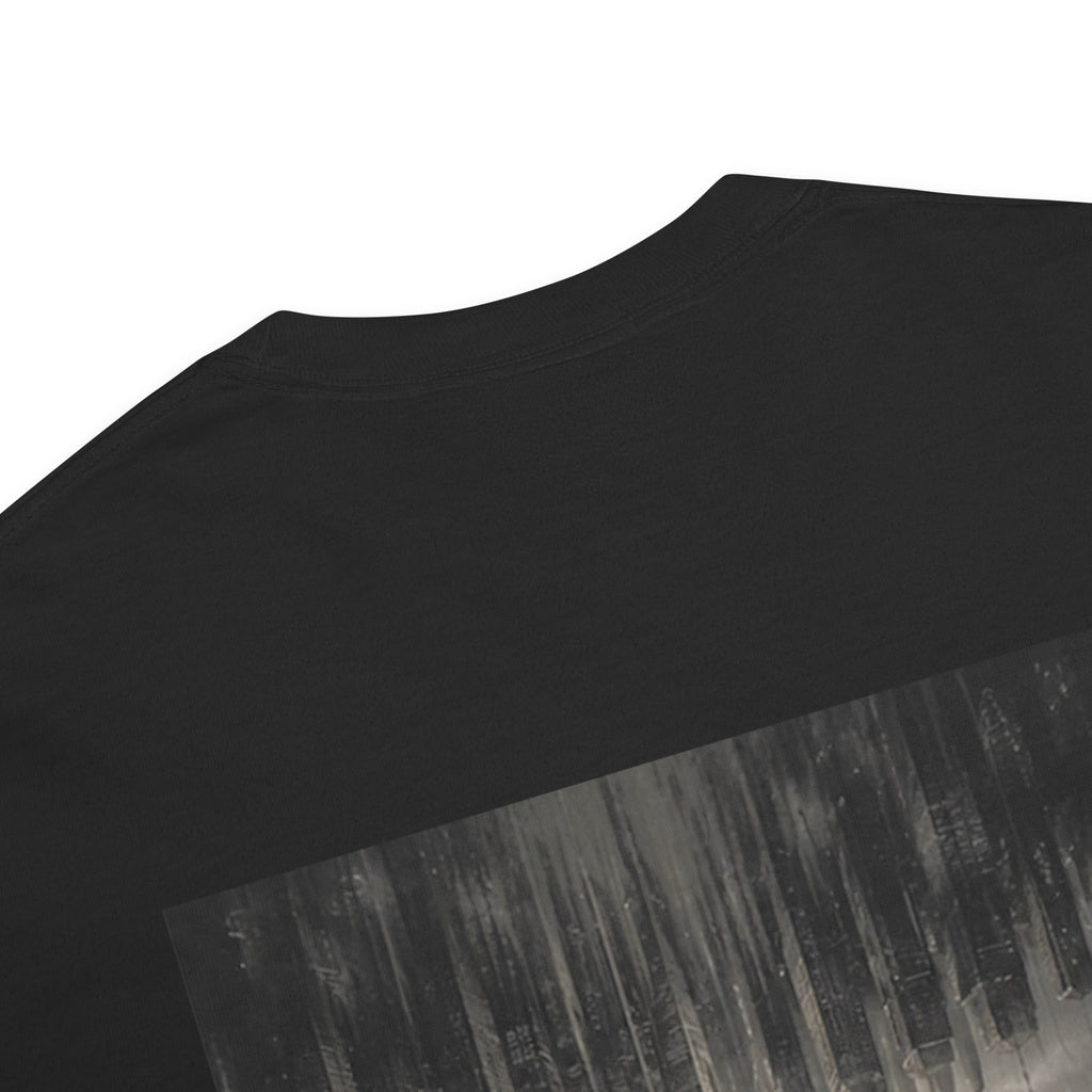 Close-up of The Heavy Air Tee showing the inverted city back print on black garment-dyed cotton