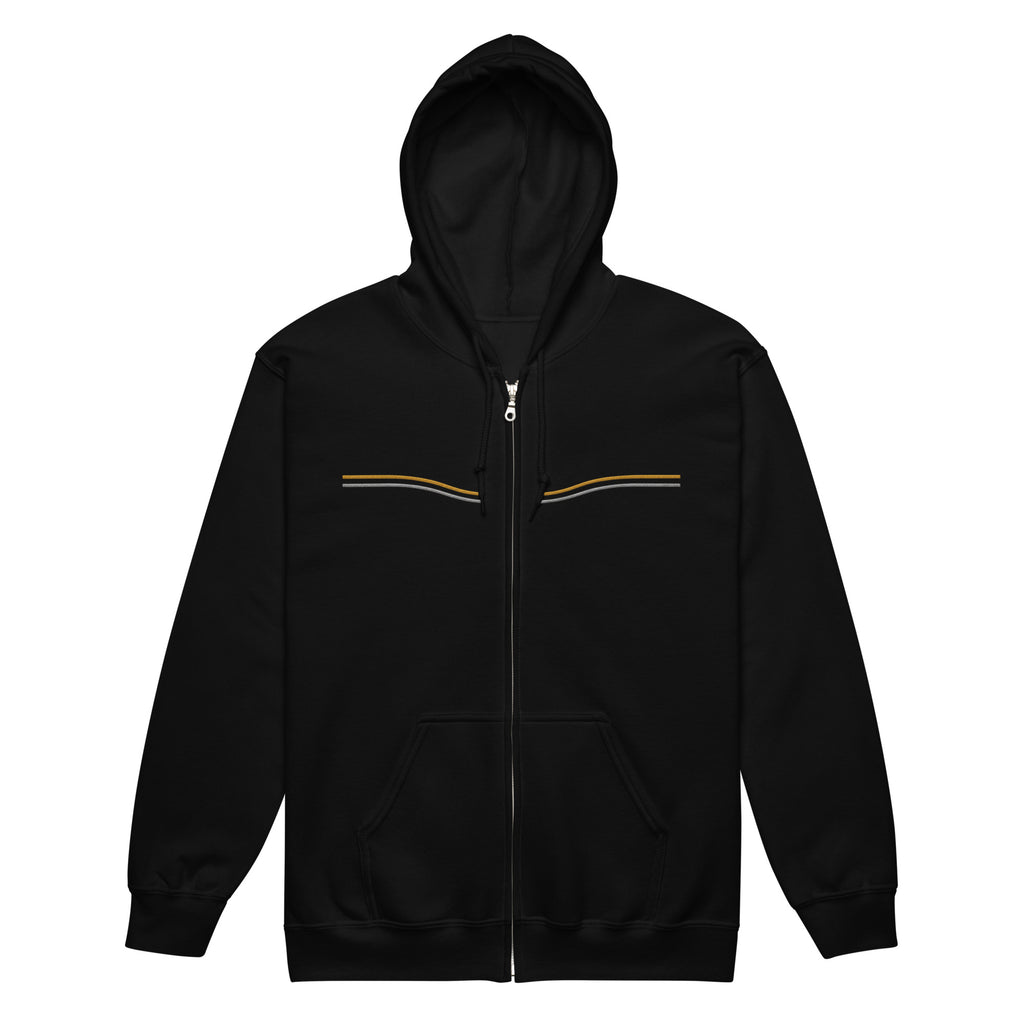 Black EVAREN Side by Side Zip Hoodie front view with hood up and gold and silver parallel chest lines.