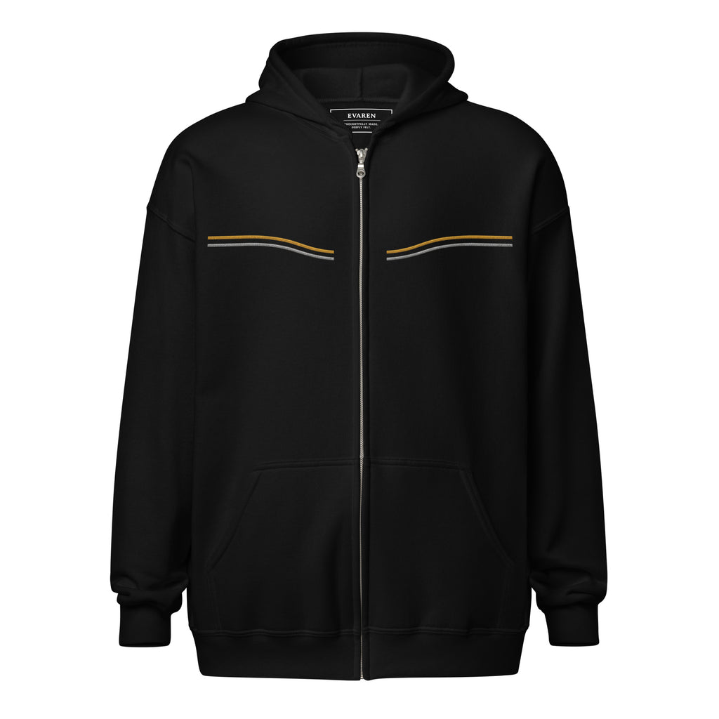 Black EVAREN Side by Side Zip Hoodie front view with parallel gold and silver lines across the chest.