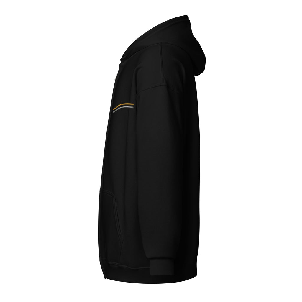 Side view of black EVAREN Side by Side Zip Hoodie showing the gold and silver chest line design.