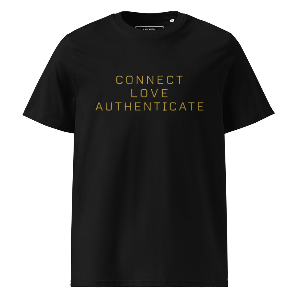 The Human Protocol Tee in black with gold CONNECT, LOVE, AUTHENTICATE typography centered across the front.