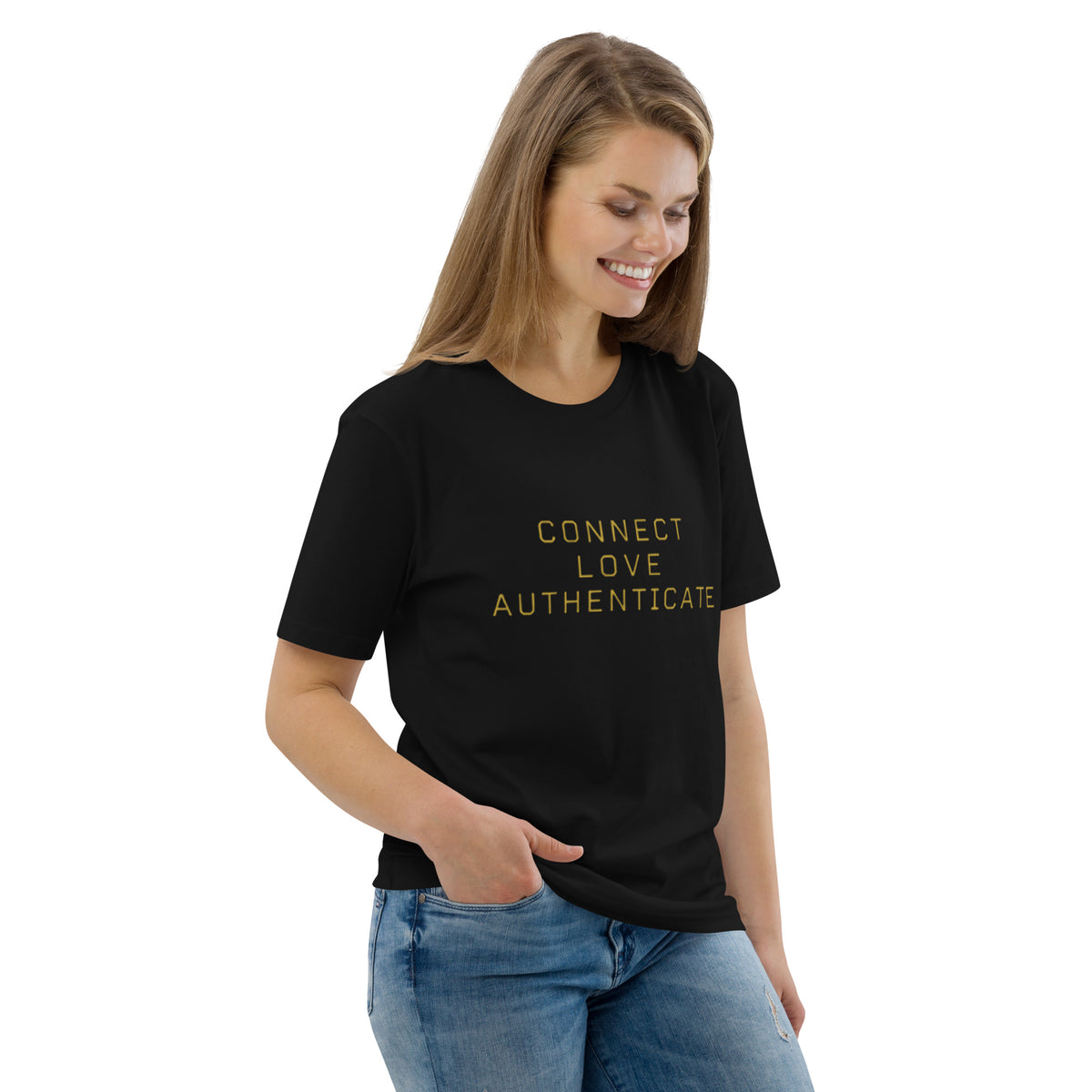 Woman wearing The Human Protocol Tee in black, showing the front graphic placement and regular unisex fit.