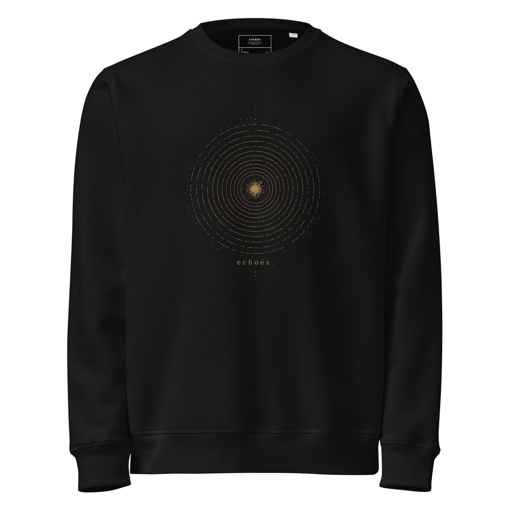 Front view of The Echoes Sweatshirt in black with a muted antique-gold concentric ring design and small echoes. text.