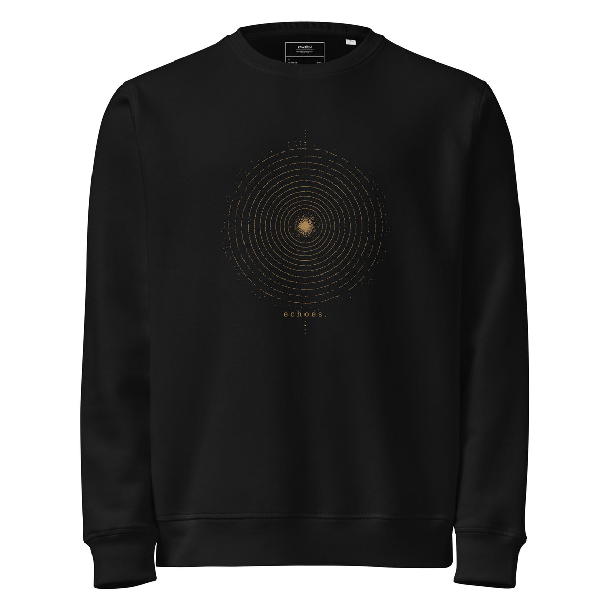 Front view of The Echoes Sweatshirt in black with a muted antique-gold concentric ring design and small echoes. text.