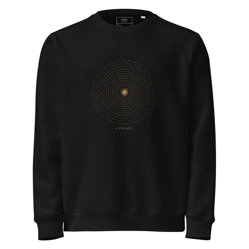 Front view of The Echoes Sweatshirt in black with a muted antique-gold concentric ring design and small echoes. text.