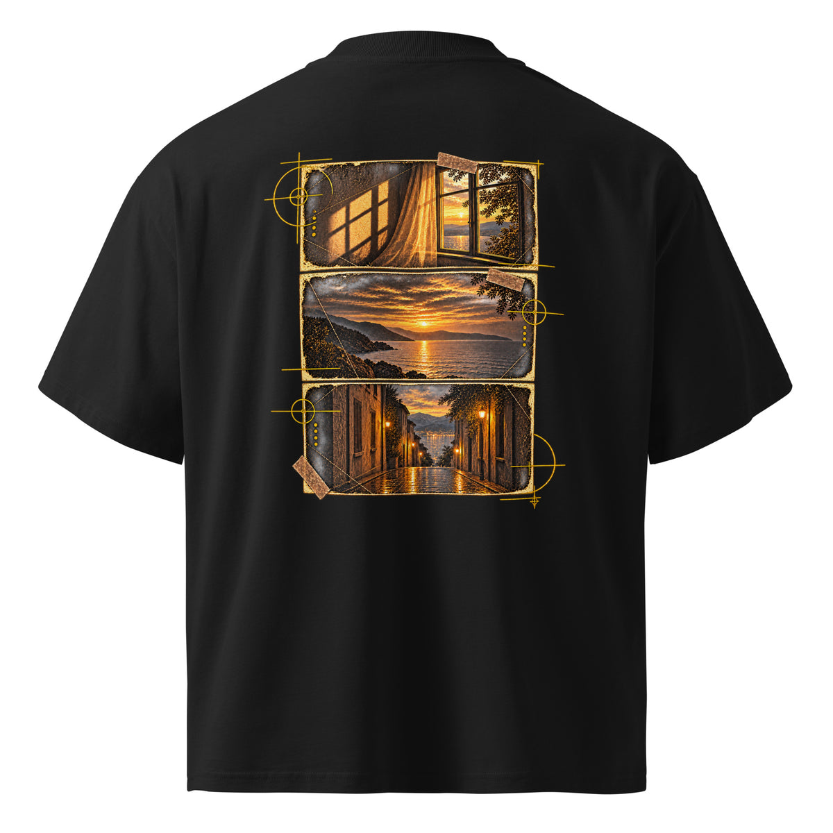 Back view of the black EVAREN Out of Frame Tee featuring three weathered photographic frames in muted gold and warm sunset tones.