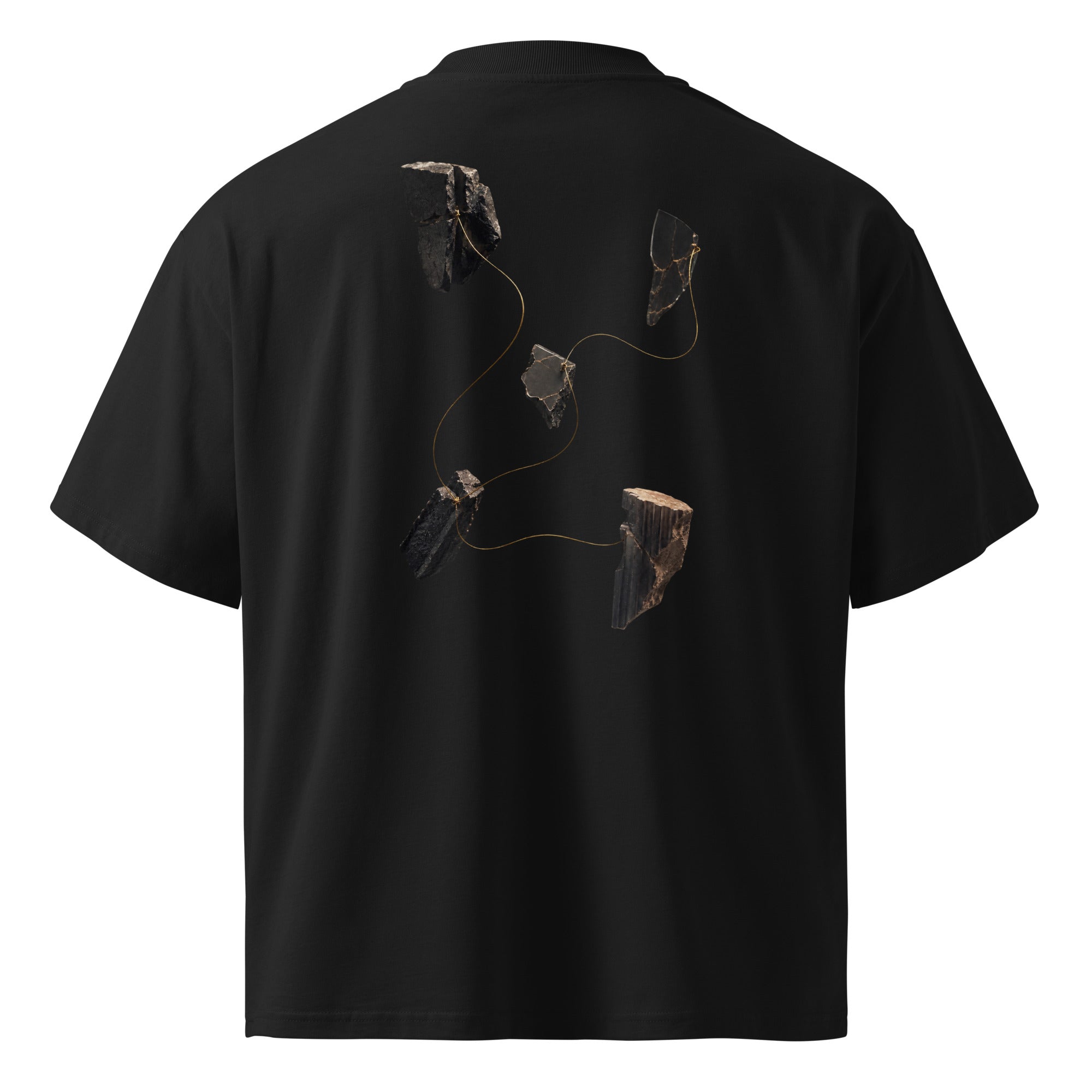 Back view of The Thread Remains Tee in black, showing five fractured forms connected by a fine gold thread.