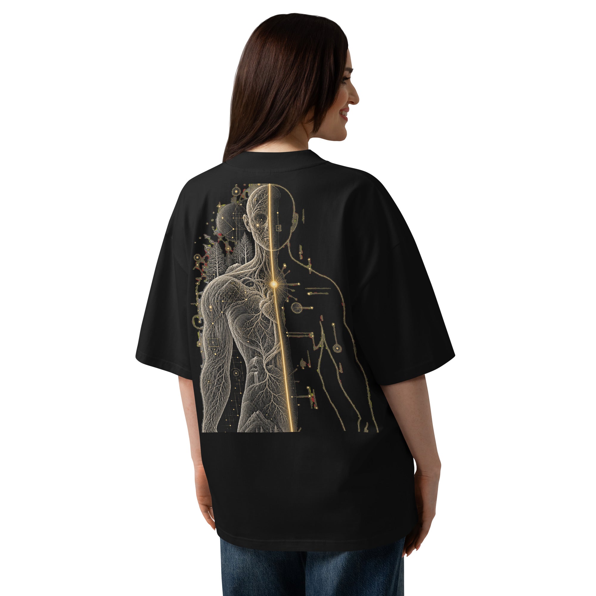 Woman wearing The Translation Tee in black, showing the oversized fit and back graphic artwork.