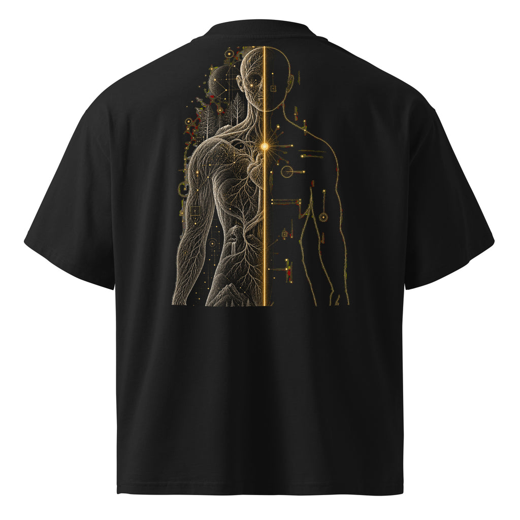 Back view of The Translation Tee in black with anatomical and abstract gold graphic artwork.