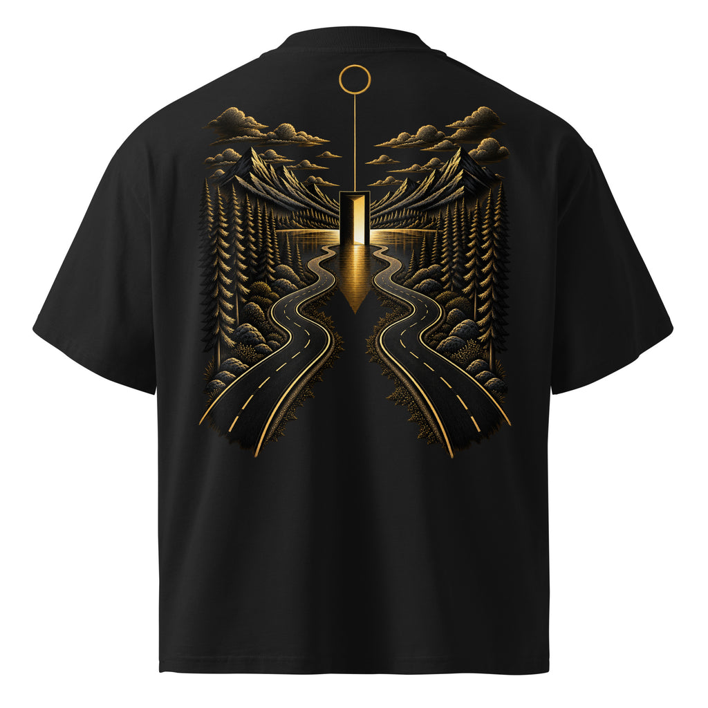 Back view of The Roads Tee in black with gold artwork featuring diverging roads, evergreen trees, mountains, and an illuminated doorway.
