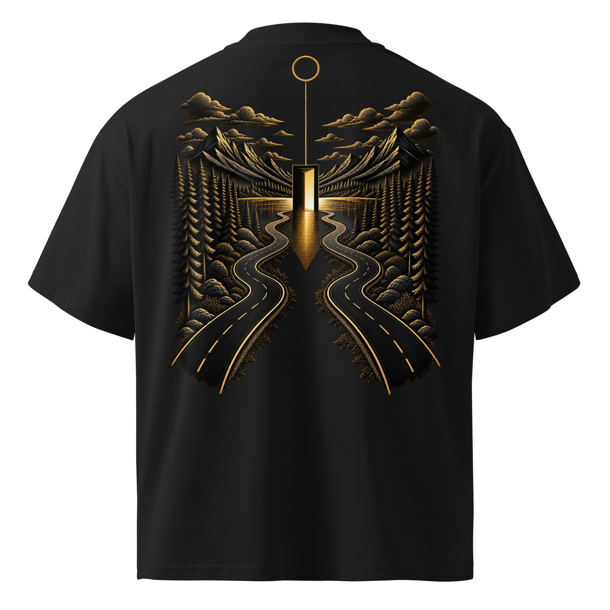 Back view of The Roads Tee in black with gold artwork featuring diverging roads, evergreen trees, mountains, and an illuminated doorway.