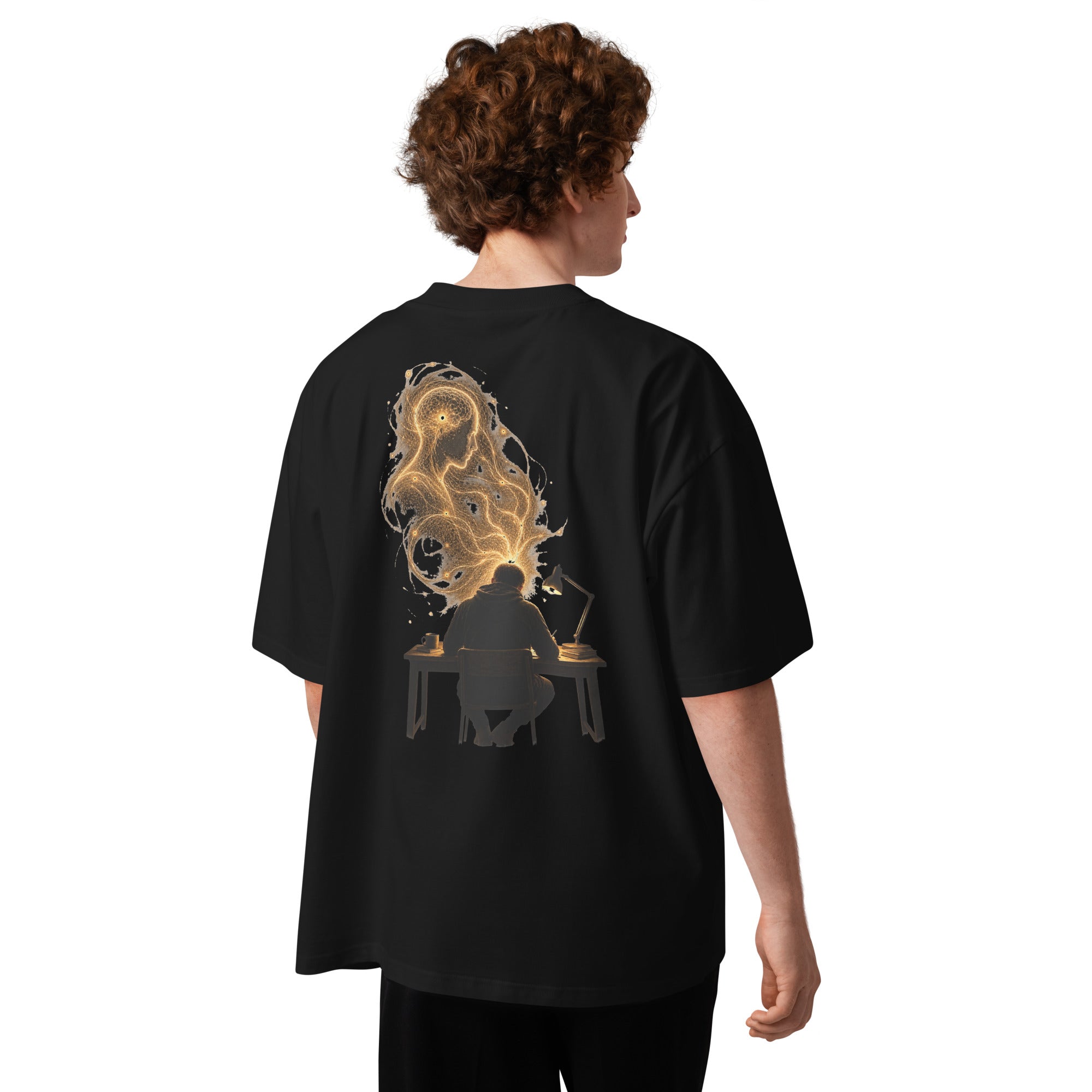 Male model wearing The Other Sender oversized black tee from the back, showing the artwork placement and relaxed oversized fit.