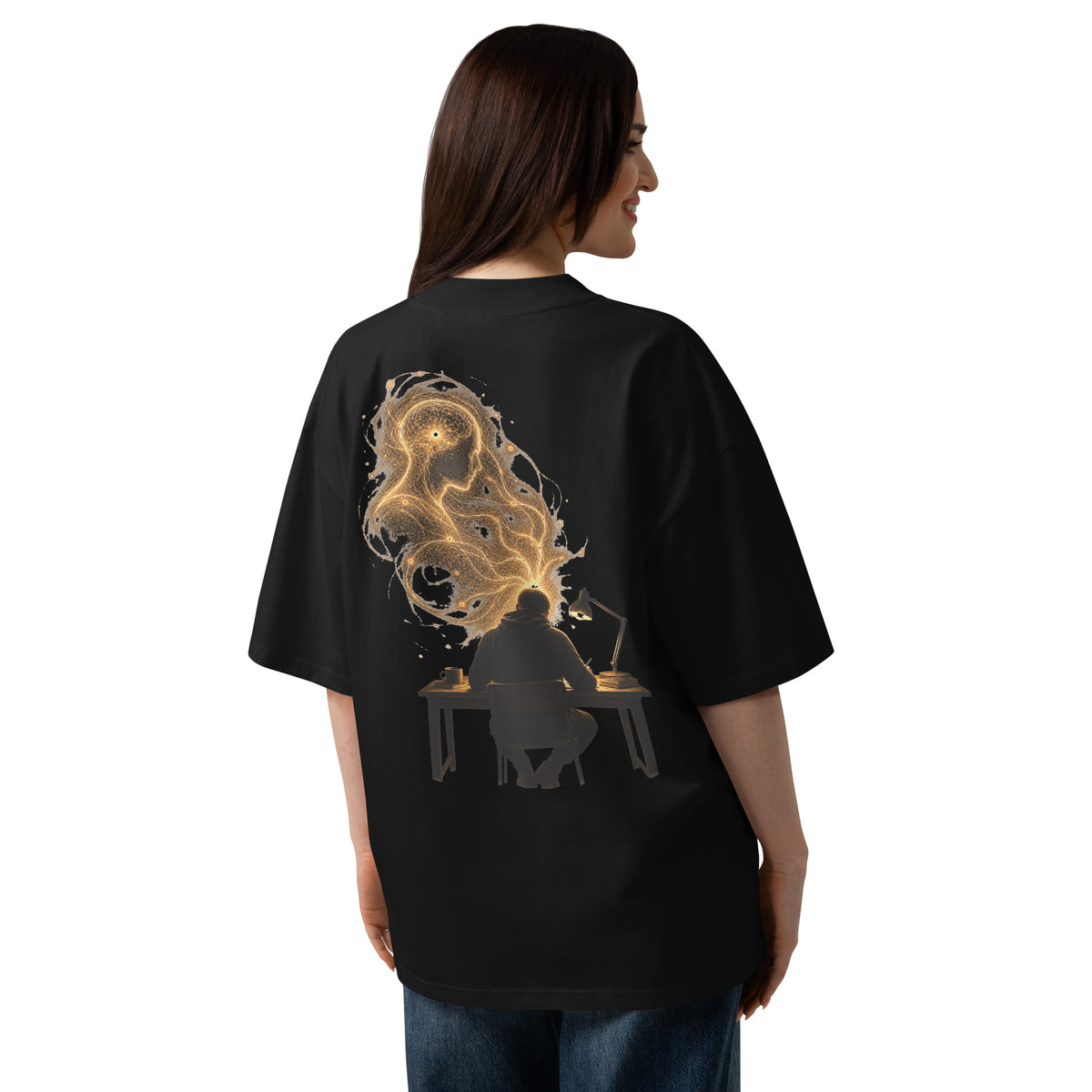 Female model wearing The Other Sender oversized black tee from the back, showing the artwork placement and relaxed oversized fit.