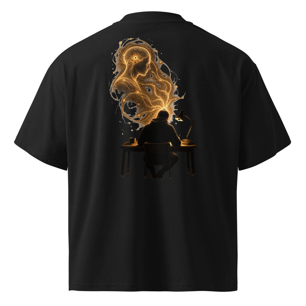 Back view of The Other Sender oversized black tee by EVAREN featuring the large gold and charcoal conceptual artwork.