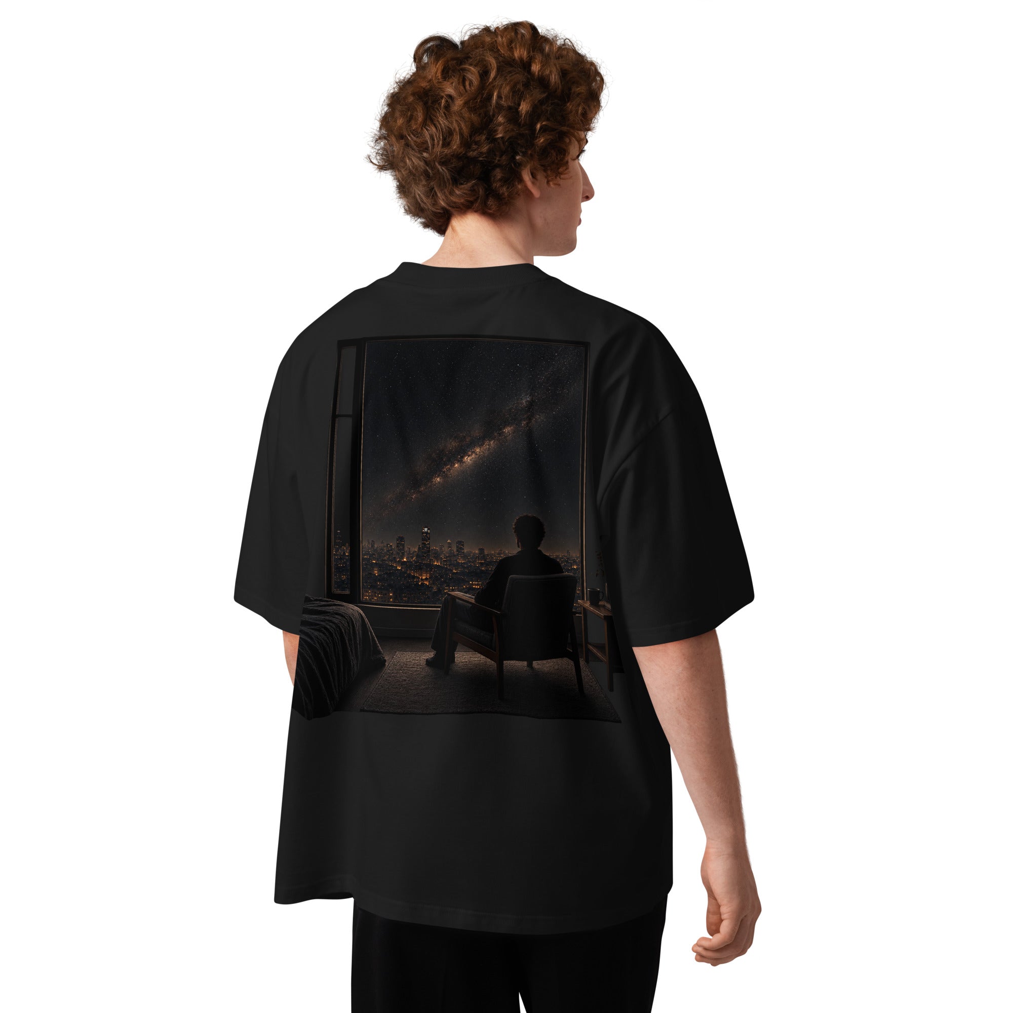 The Ordinary Sky Tee worn from the back, showing the oversized fit and large back artwork on a male model.