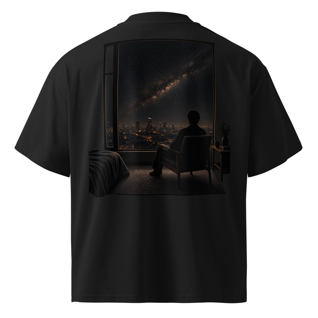 Back view of The Ordinary Sky Tee in black with the large nighttime city and window artwork.