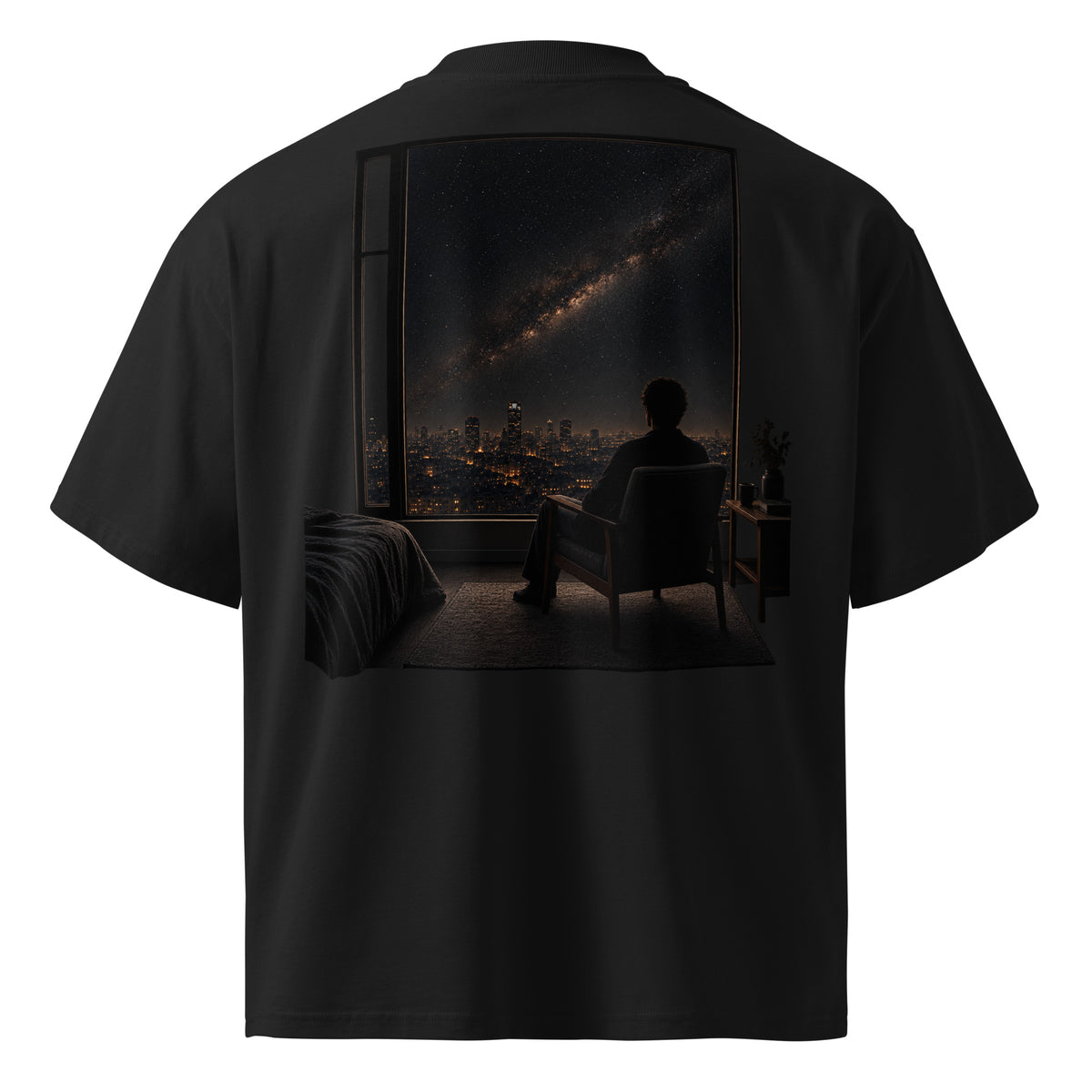 Back view of The Ordinary Sky Tee in black with the large nighttime city and window artwork.