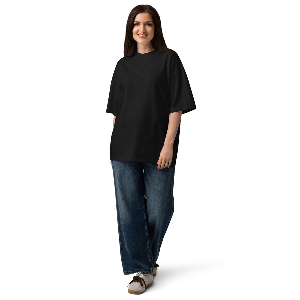 The Ordinary Sky Tee worn from the front, showing the relaxed oversized fit and blank front on a female model.