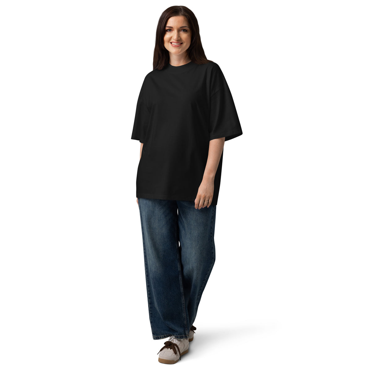 The Ordinary Sky Tee worn from the front, showing the relaxed oversized fit and blank front on a female model.