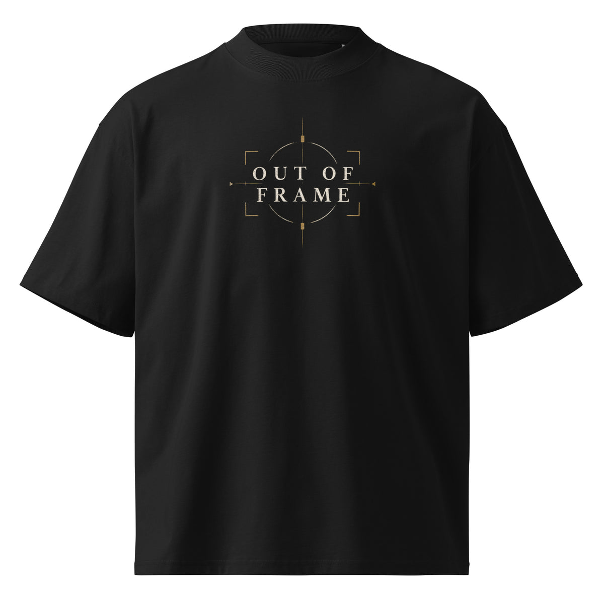Front view of the black EVAREN Out of Frame Tee with centered OUT OF FRAME artwork in muted gold and cream.