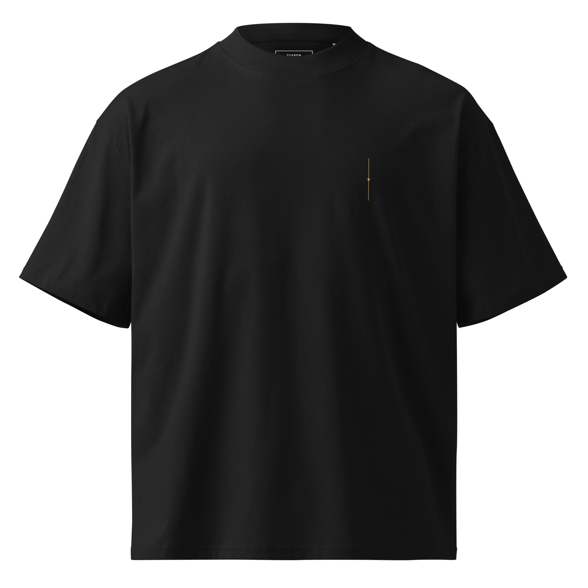 Front view of The Translation Tee in black with a minimal gold chest detail.