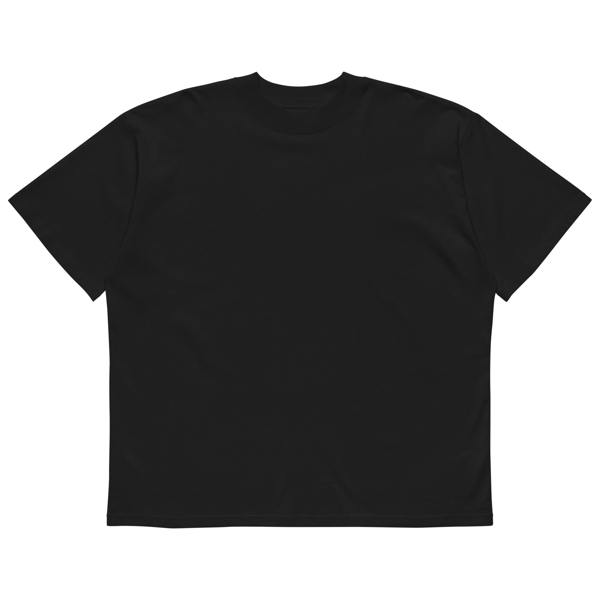 Front view of The Roads Tee in black, showing the clean blank front and oversized silhouette.