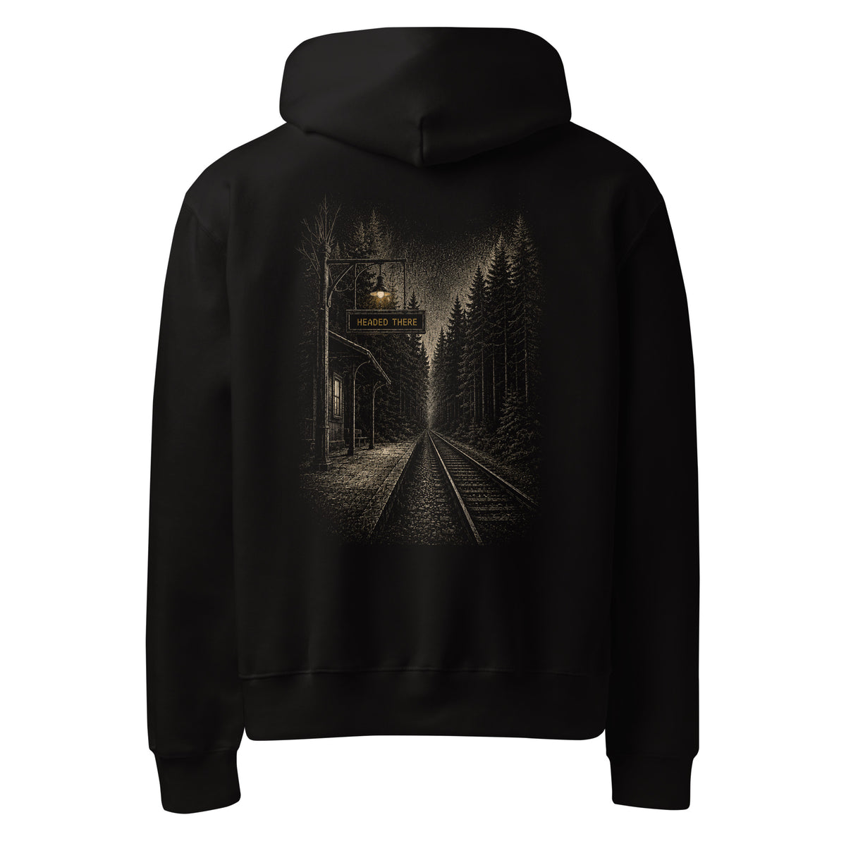 Back view of the black EVAREN Headed There Hoodie showing the large Headed There railway and forest artwork.